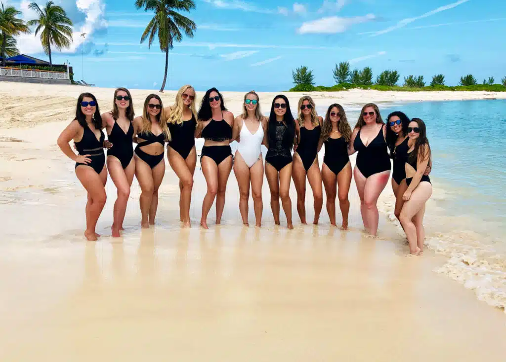 bachelorette party on beach in Bahamas