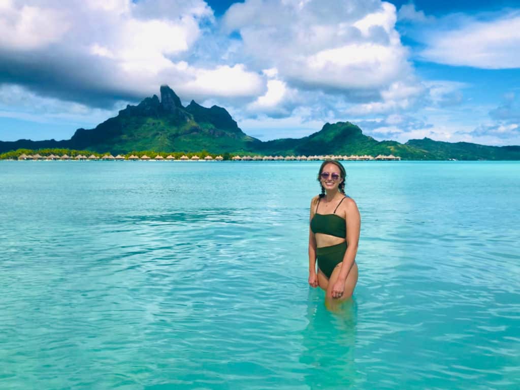 Girl standing in front of Volcano in Bora Bora