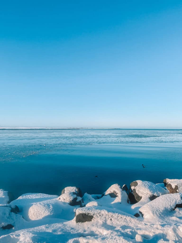 view from infinity pool at Sky Lagoon Iceland
