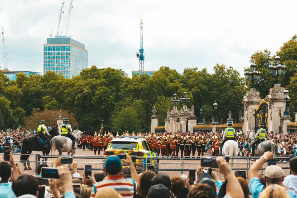 crowds outside Buckingham Palace in London, England
