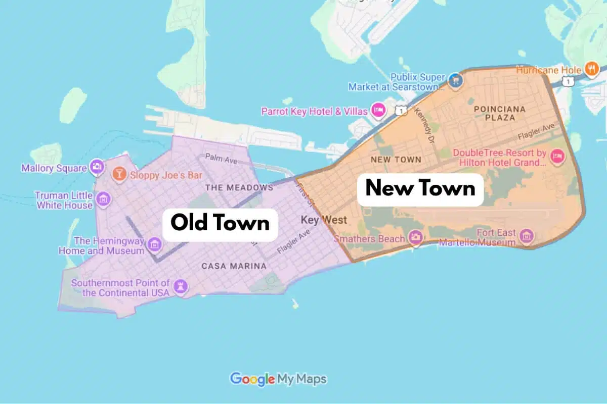 Google map showing Old Town Key West in purple and New Town Key West in orange