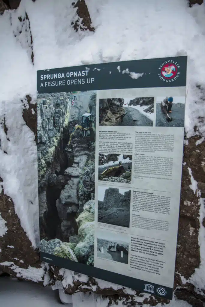 park entrance sign in Thingvellir National Park, Golden Circle, Iceland