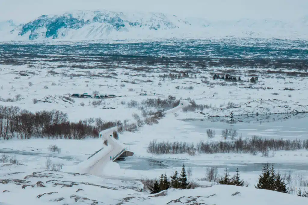 view of icy winter landscape in Thingvellir National Park, Golden Circle, Iceland