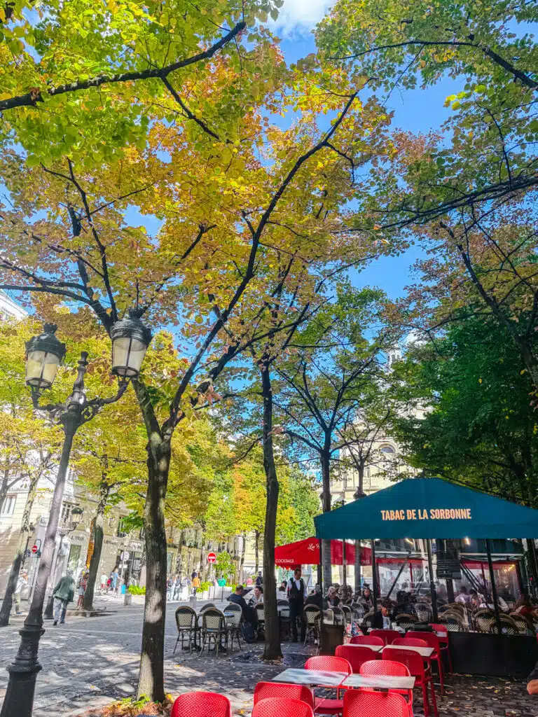 Outdoor café seating under leafy trees with early autumn colors in the Latin Quarter of Paris. The sign "Tabac de la Sorbonne" is visible above a green awning as people enjoy the lively street atmosphere.
