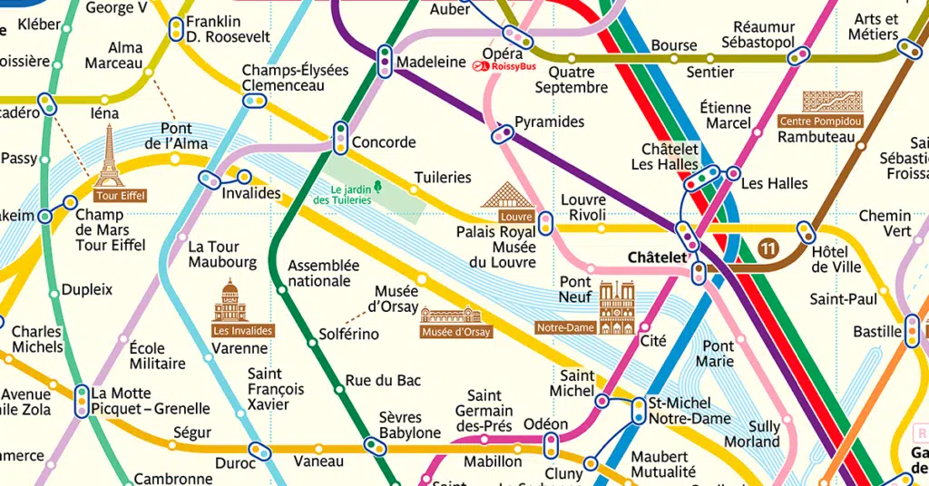 photo of the Paris metro map with colored lines running through the city