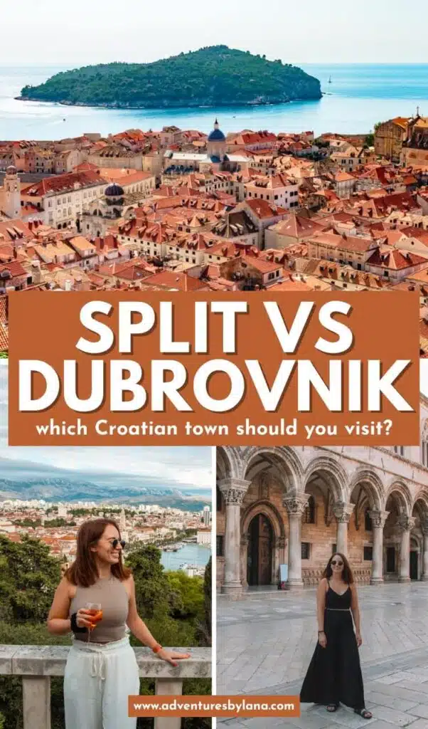 A vibrant collage showcasing red-tiled rooftops of Dubrovnik, Split’s coastal skyline, and a woman exploring historic European streets. Text overlay says “Split vs Dubrovnik – which Croatian town should you visit?” with the website listed.