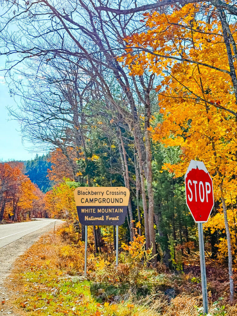 Blackberry Crossing Campground sign in White Mountains National Forest New Hampshire