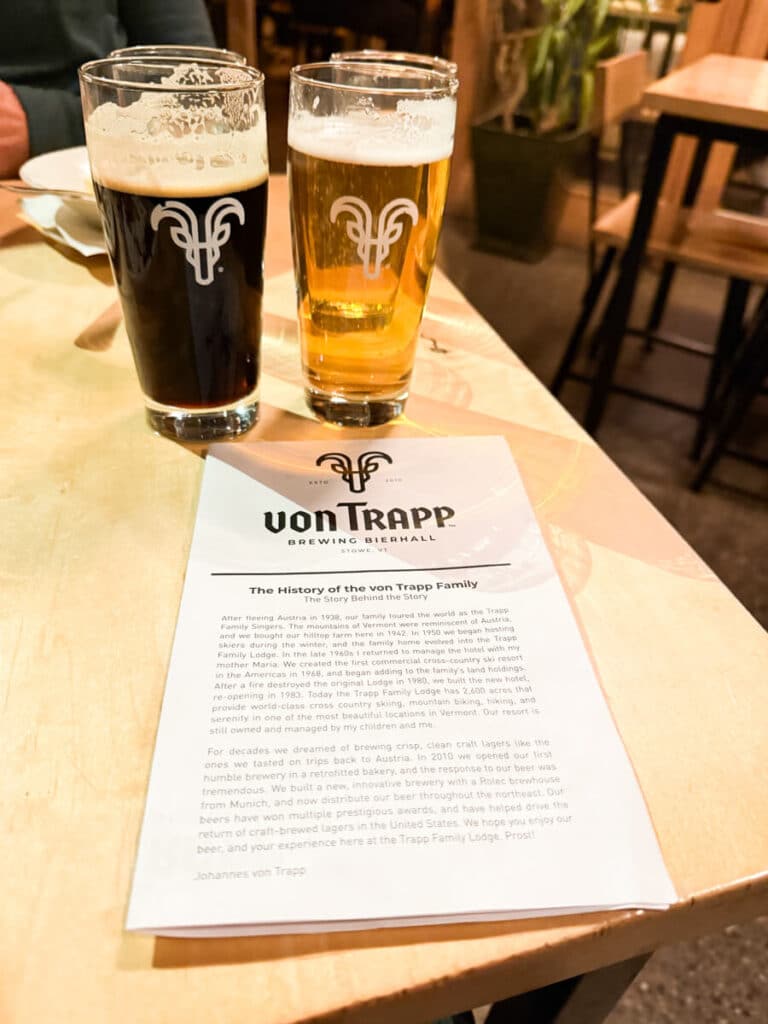 beers and menu at Von Trapp Brewing Bierhall in Stowe, VT