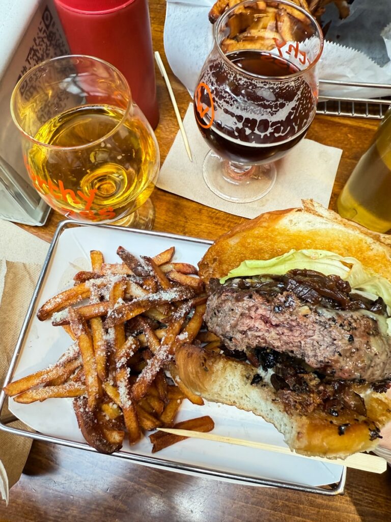 burger, fries, and beer at Worthy Burger in South Royalton, Vermont