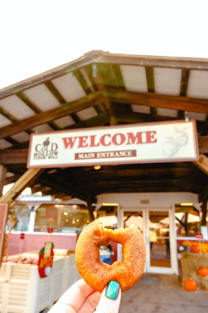 holding apple cider donut in front of Cold Hollow Cider Mill entrance in Stowe, Vermont