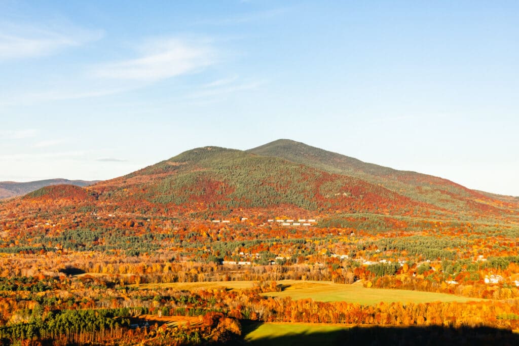 view of fields and fall foliage from Cathedral Ledge in New Hampshire