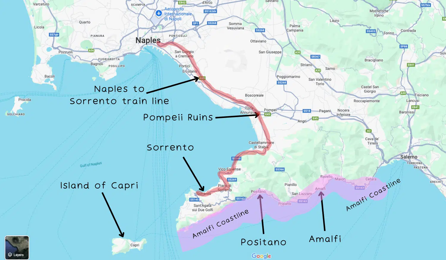Map showing the Campania region of Italy with markings