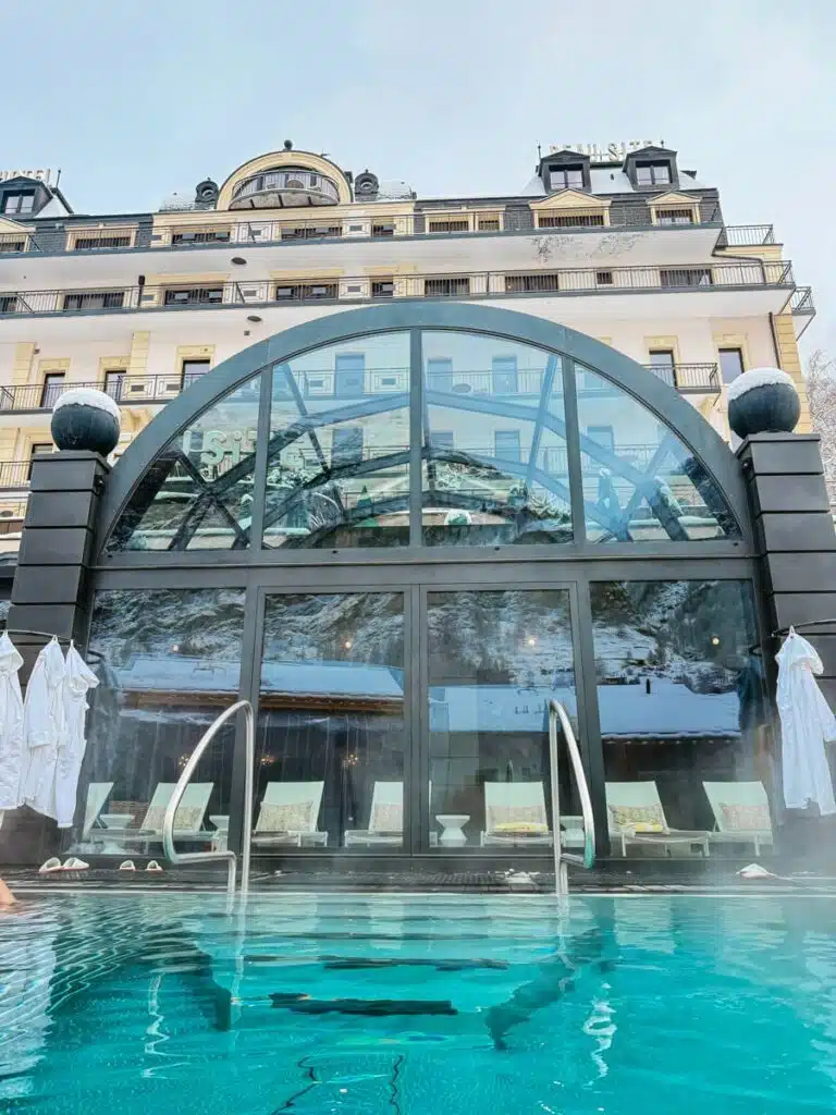 view of hotel from heated pool in Zermatt, Switzerland