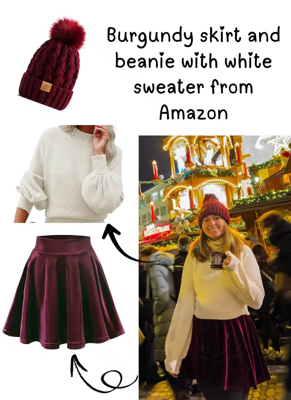 Flat lay of a winter outfit from Amazon featuring a burgundy knit beanie with pom-pom, a white textured sweater with balloon sleeves, and a burgundy velvet skater skirt. The collage includes a photo of a woman wearing the full outfit at a festive Christmas market, holding a mug and smiling in front of a brightly lit holiday carousel.