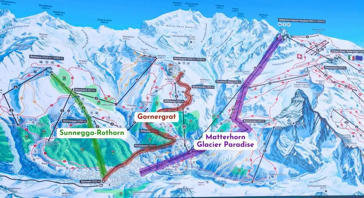 piste map of Zermatt Matterhorn Paradise ski area, depicting the 3 main ski areas and all of their different pistes and stations