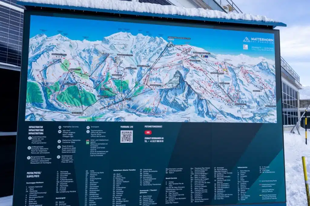 large map showing the different ski areas of Zermatt with a full key underneath