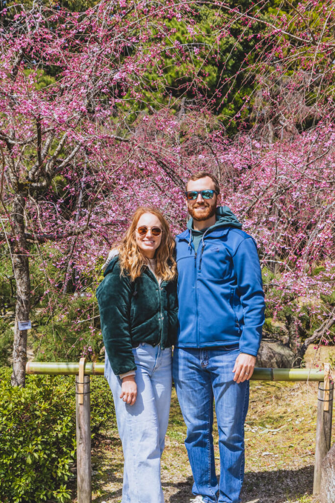 A smiling couple poses in front of vibrant pink plum blossoms at Heian Jingu Shrine in Kyoto, Japan. The lush backdrop features traditional bamboo fencing and seasonal flowers, capturing the serene beauty of the shrine's gardens in early spring.
