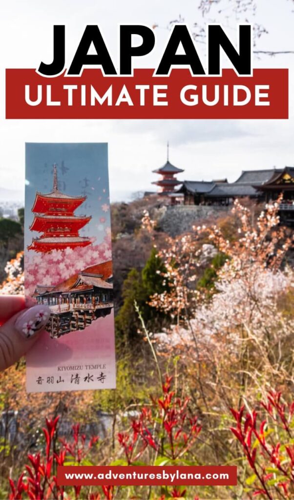 Graphic reading Japan Ultimate Guide over a scenic view of Kiyomizu Temple in Kyoto with cherry blossoms and a hand holding a temple illustration card in the foreground. The website www.adventuresbylana.com is displayed at the bottom.