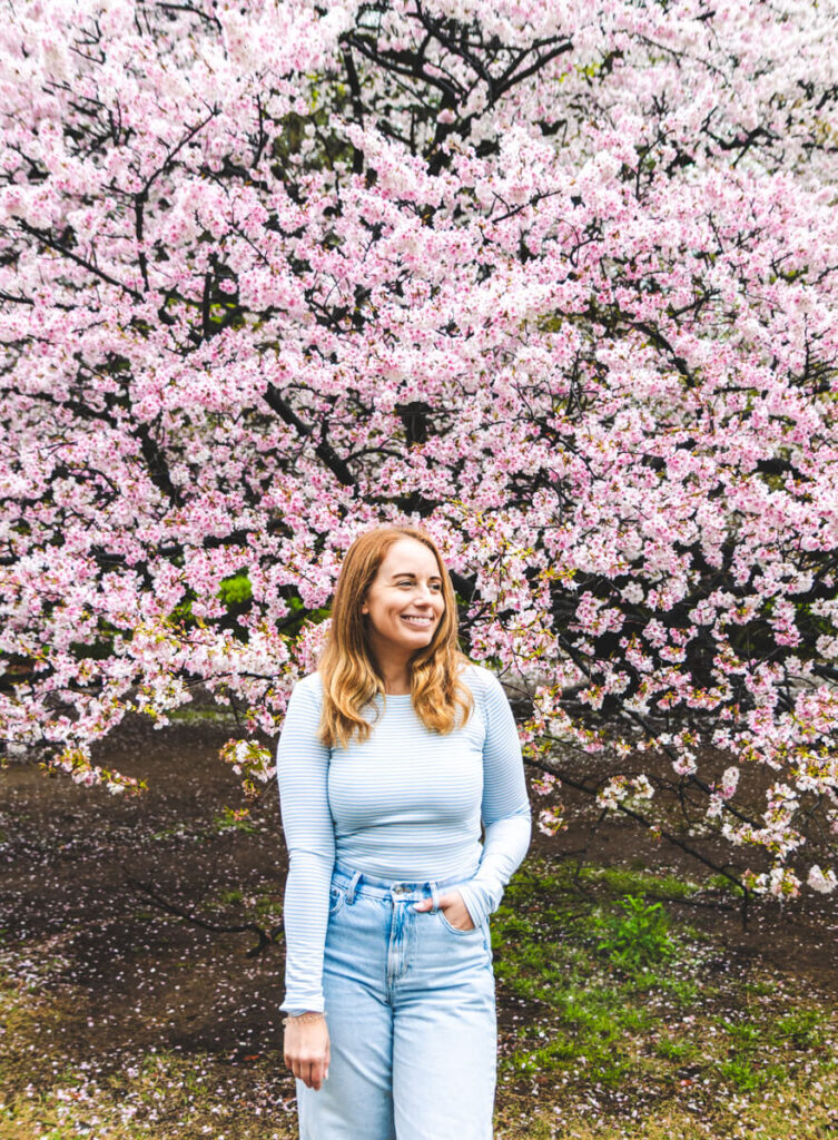 girl standing in front of cherry blossom trees with hand in pock in Shinjuku Gyoen National Garden in Tokyo, Japan during cherry blossom season