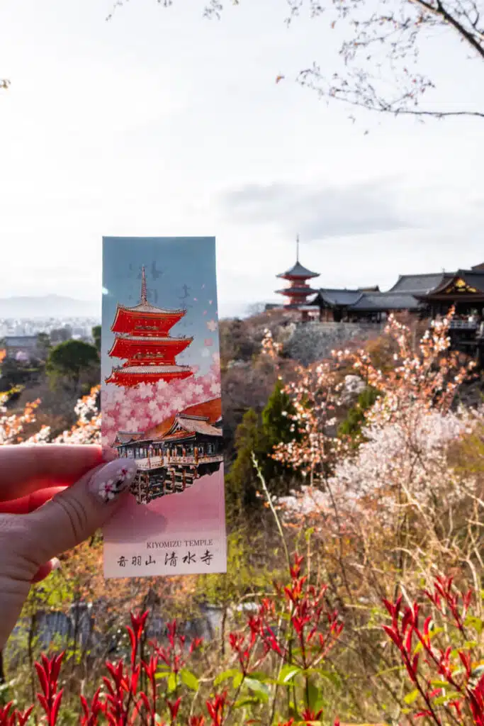A hand holds an illustrated ticket of Kiyomizu-dera Temple with cherry blossoms, matching the real-life temple and blooming trees in the background during sakura season in Japan.