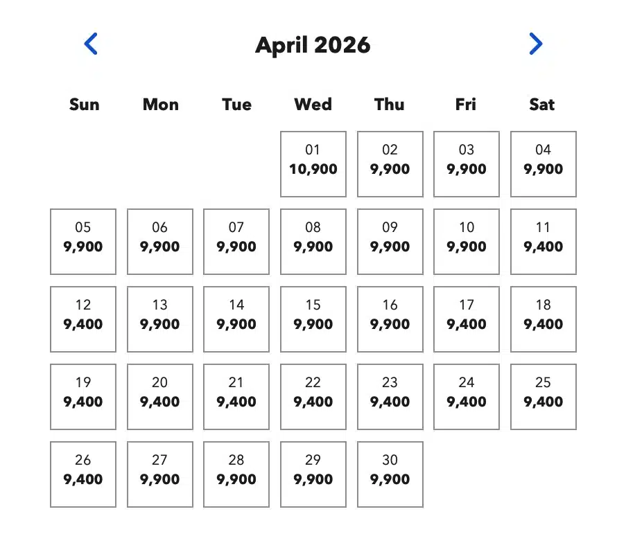 Calendar showing ticket pricing for Universal Studios Japan in Osaka in April 2026 with dates labeled from 01 to 30 and prices ranging from 9400 to 10900 yen per day. Higher prices appear at the beginning of the month while most later dates show 9400 yen indicating cheaper days to visit.