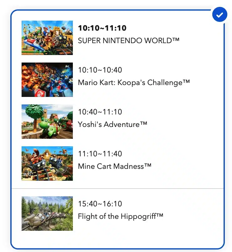 Screenshot of Express Pass schedule for Universal Studios Japan in Osaka showing timed entry slots including "10:10~11:10 SUPER NINTENDO WORLD™" "10:10~10:40 Mario Kart Koopa's Challenge™" "10:40~11:10 Yoshi's Adventure™" "11:10~11:40 Mine Cart Madness™" and "15:40~16:10 Flight of the Hippogriff™". Small preview images of each attraction appear beside the listed times.