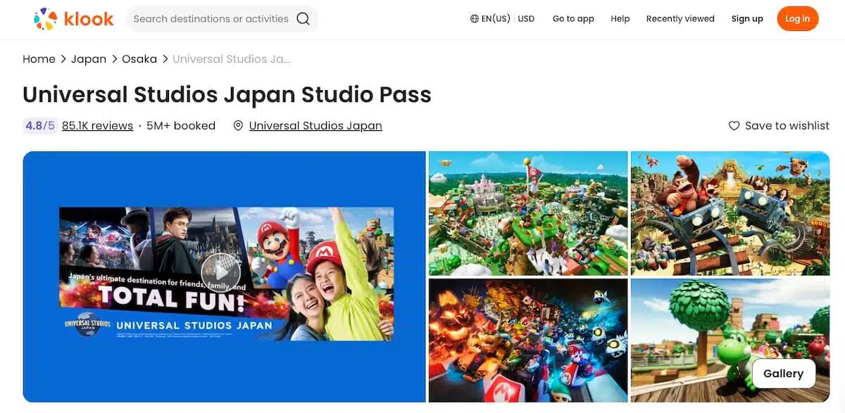 Screenshot of Klook booking page for Universal Studios Japan in Osaka showing "Universal Studios Japan Studio Pass". Promotional images feature Super Nintendo World with Mario characters colorful rides and a banner reading "TOTAL FUN!" alongside visitors posing excitedly.