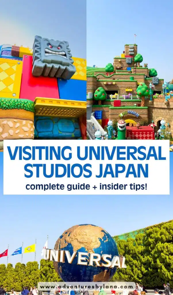 Guide graphic for Universal Studios Japan in Osaka showing Super Nintendo World and the Universal globe with text "VISITING UNIVERSAL STUDIOS JAPAN complete guide + insider tips!" and "www.adventuresbylana.com"
