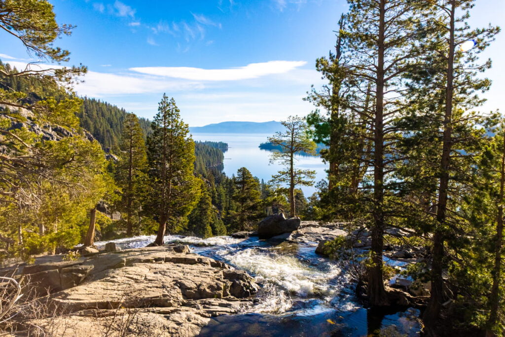 view of Eagle Falls overlooking emerald bay in the background
