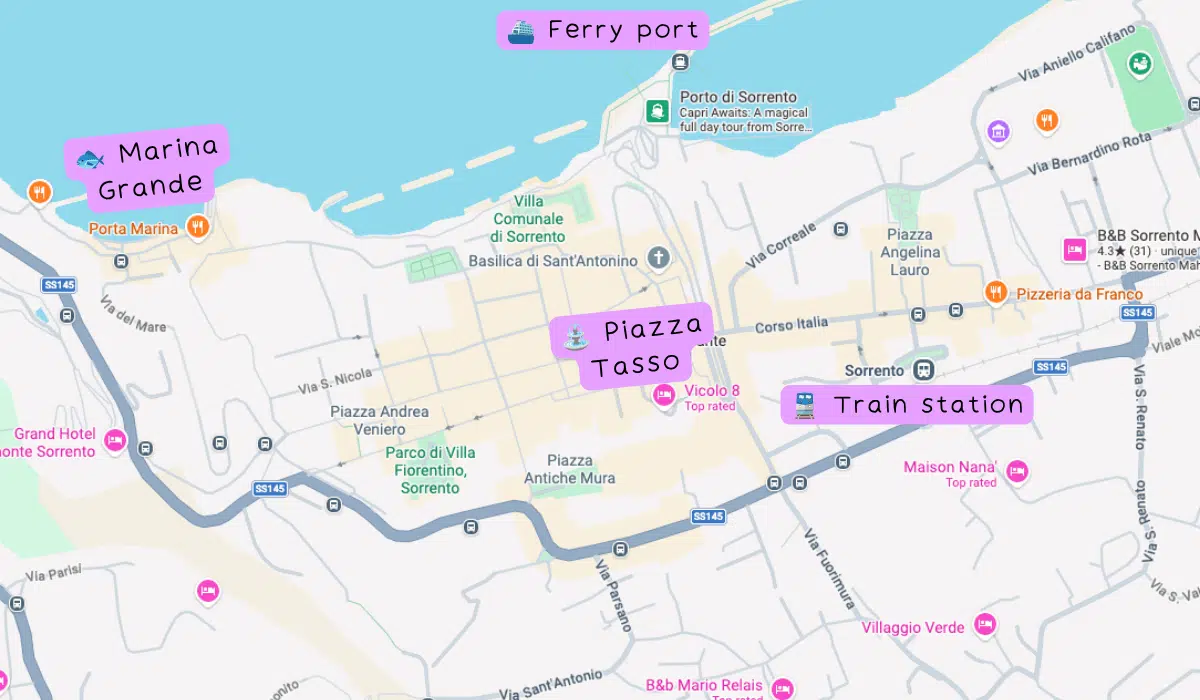 Annotated Google map of Sorrento, Italy with purple call outs for the train station, marina, port, and main piazza