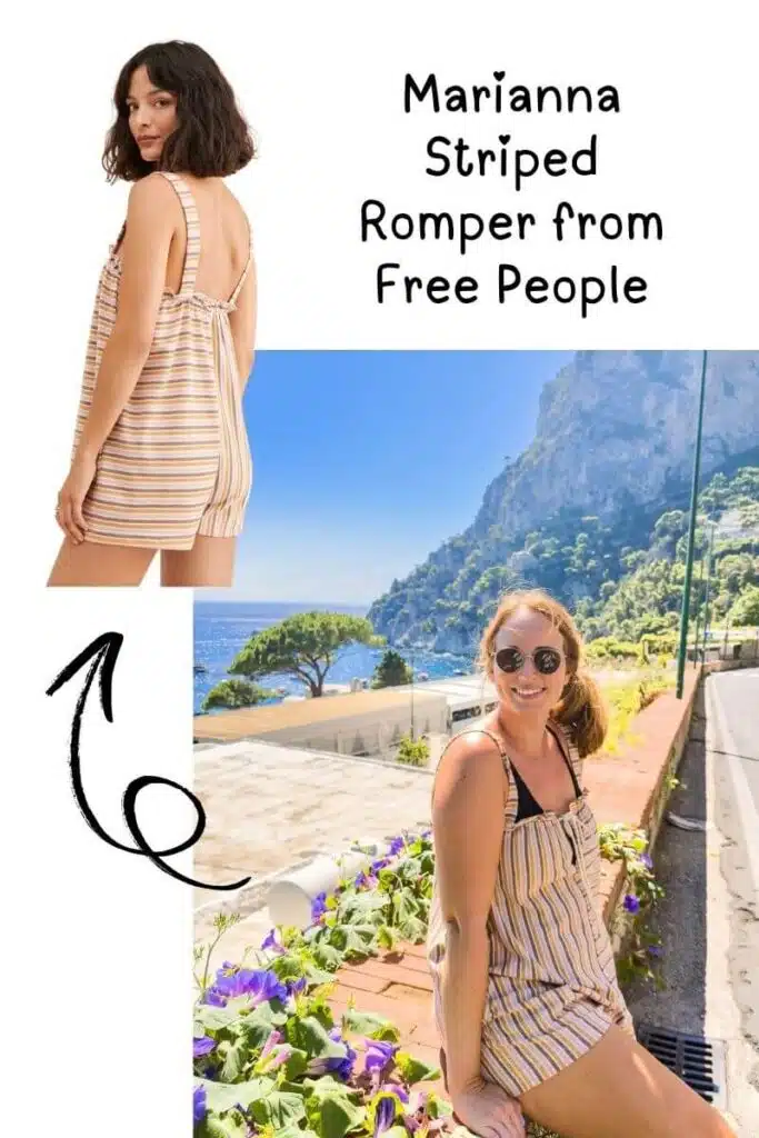 Collage comparing a striped Marianna romper product photo with a traveler wearing it beside purple flowers and a sunny coastal view. Text reads "Marianna Striped Romper from Free People" and shows a lightweight outfit option for what to wear on the Amalfi Coast.