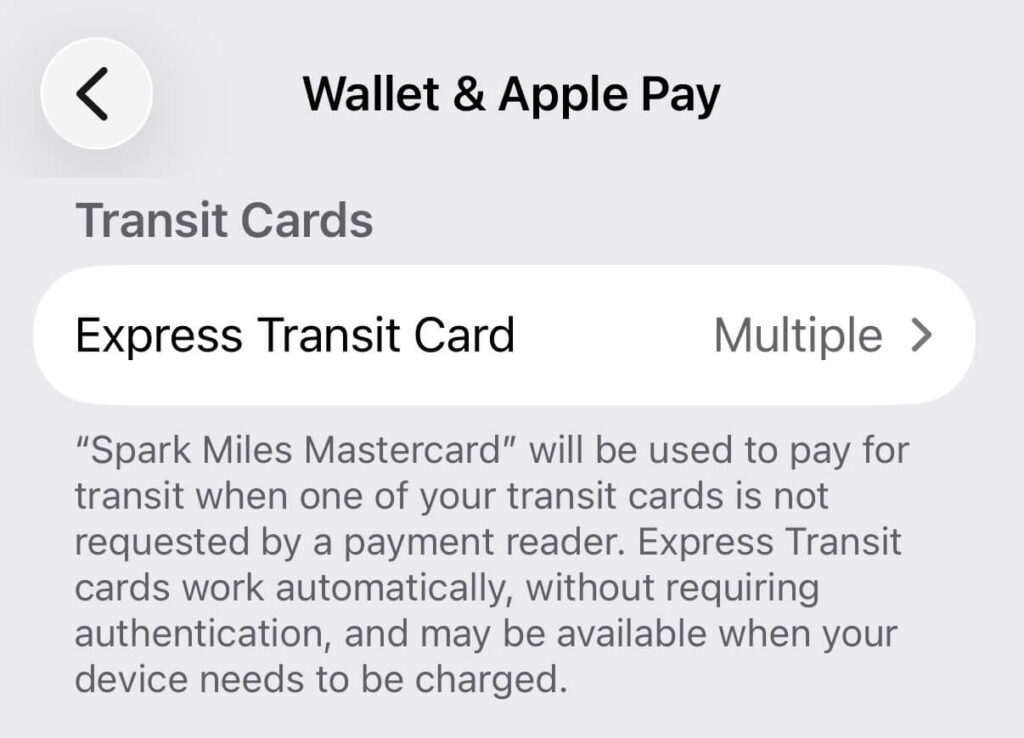 iPhone Wallet & Apple Pay settings screen showing the Express Transit Card option used to pay for the London Tube and buses