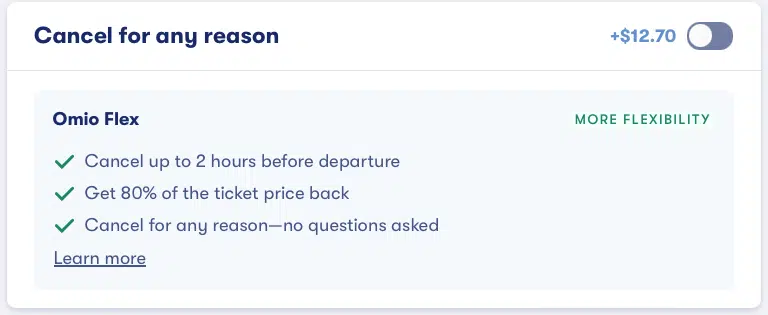 screenshot from Omio showing their Omio Flex Cancel for any reason add on, with the benefits listed out