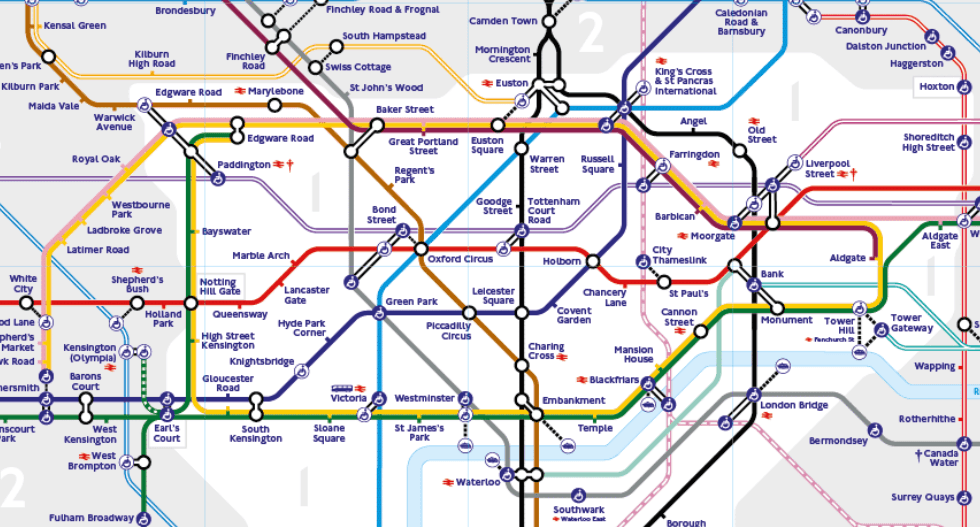 wire train map of central London, with different colored lines for different trains, as well as the station names.