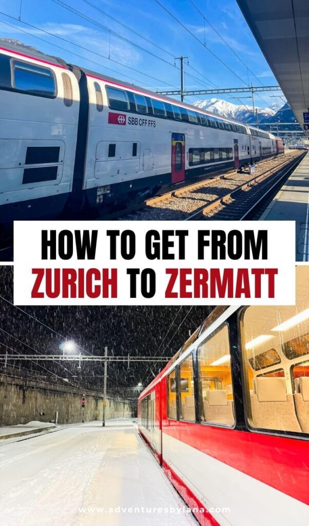 How to get from Zurich to Zermatt pin showing an SBB double-decker train with snowy mountains and a red mountain train in falling snow