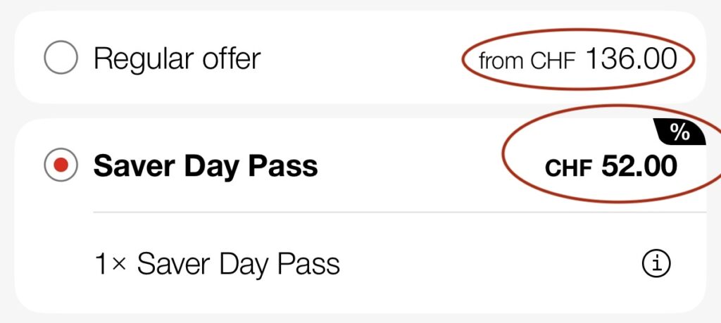 screenshot from SBB showing ticket price for Zurich to Zermatt route. The Saver Day Pass is 52 CHF and the regular offer is 136