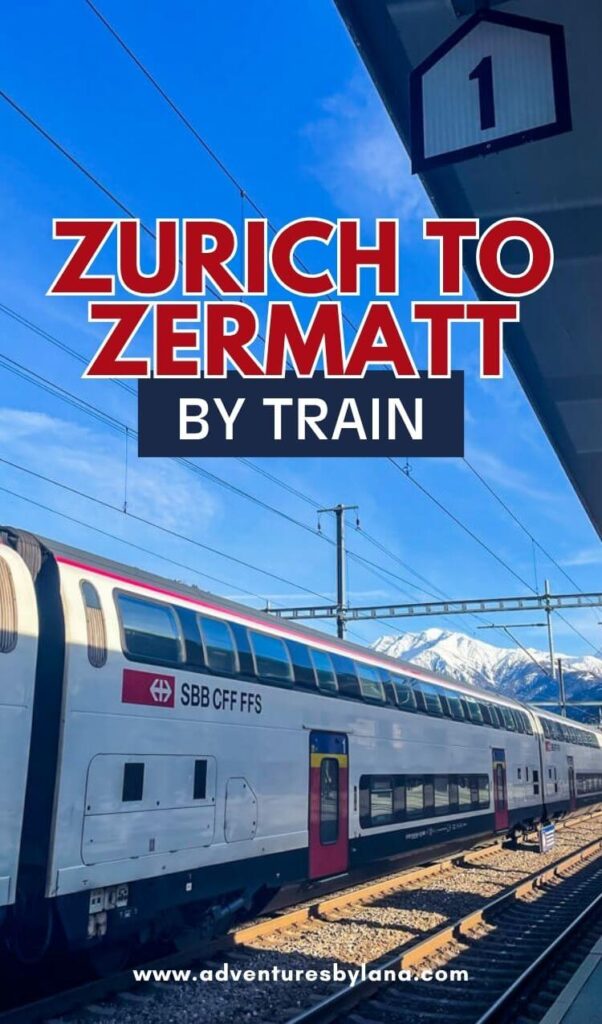 Zurich to Zermatt by train pin showing an SBB double-decker train at a station platform under blue sky with snow-capped mountains